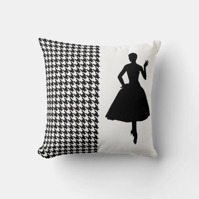 Black Modern Houndstooth with Fashion Silhouette Throw Pillow (Front)