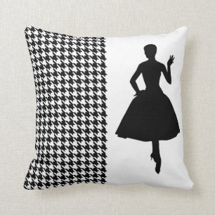 Black Modern Houndstooth with Fashion Silhouette Throw Pillow
