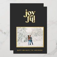 black modern joyful 1 photo foil holiday card