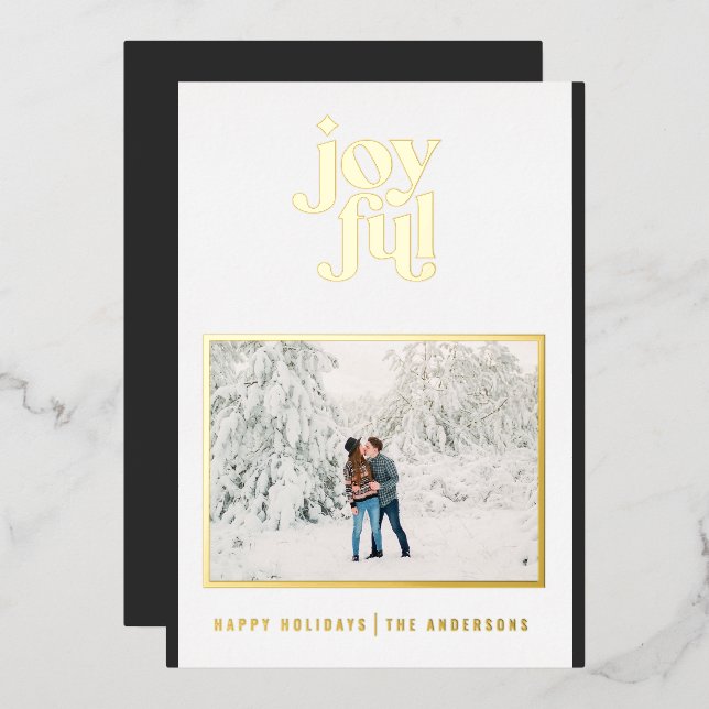 black modern joyful 1 photo  foil holiday card (Front/Back)