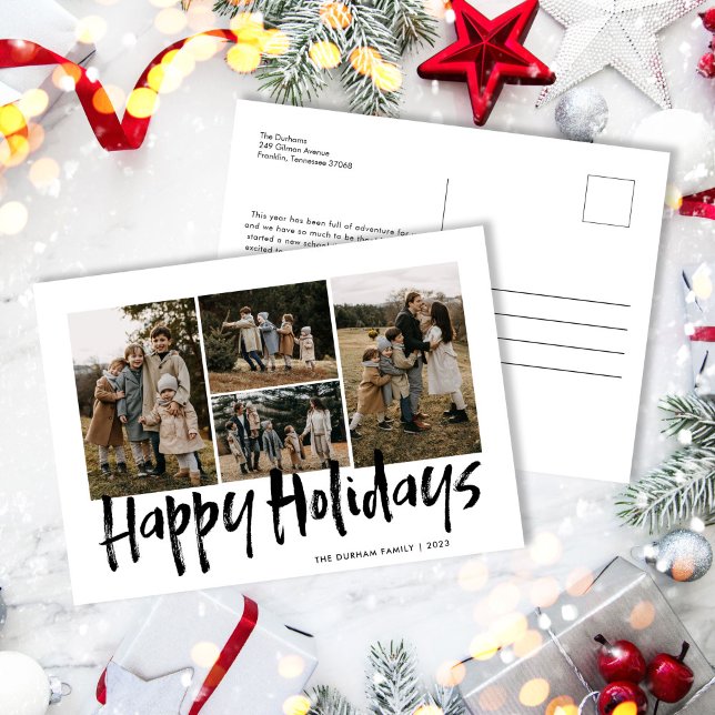 Black Modern Lettering Five Photo Happy Holiday Postcard (Creator Uploaded)