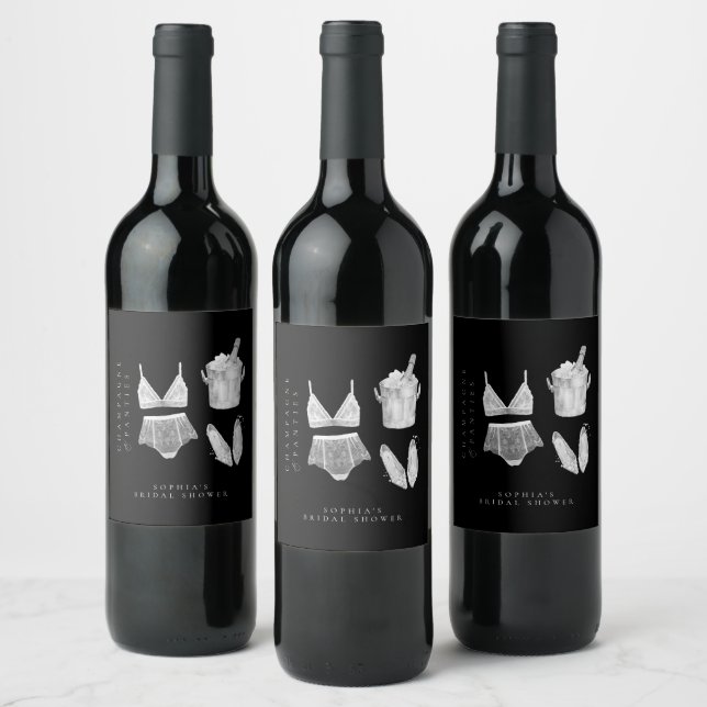 Black Modern Lingerie Bridal Shower Wine Label (Bottles)