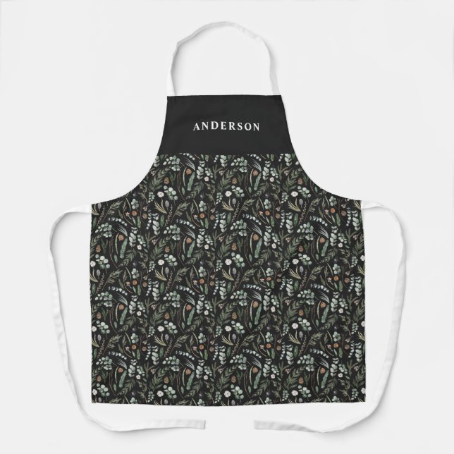 Black modern minimal botanical elegant personalize apron (Front)