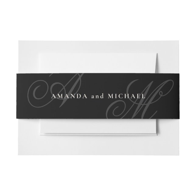 Black Modern Minimal Elegant Monogram Wedding Invitation Belly Band (Front Example)