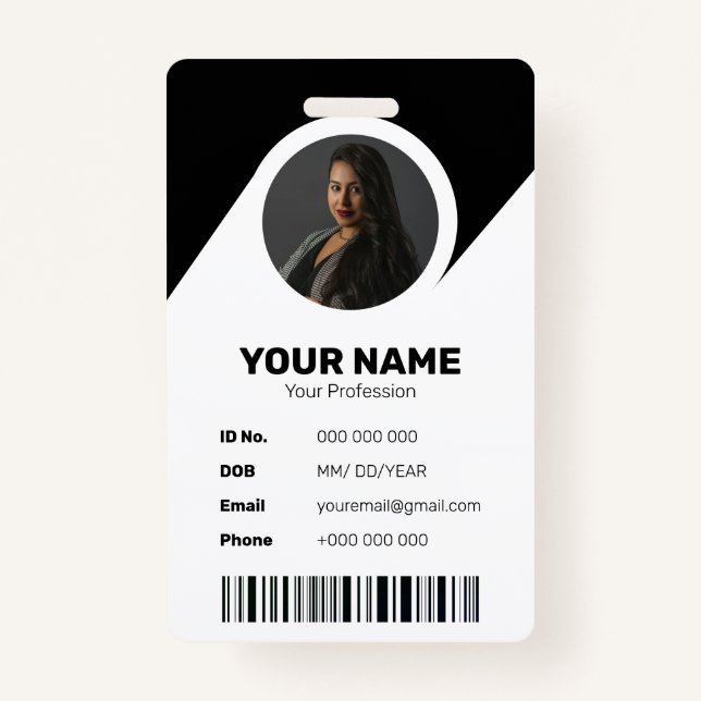 Black Modern Minimal ID Barcode Employee Photo Badge (Front)