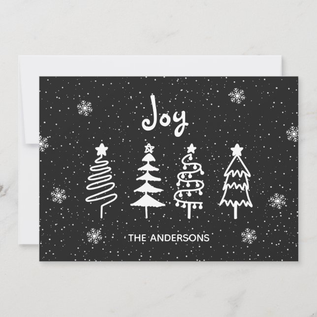 Black Modern Minimal Pine Trees Snow Joy Christmas Holiday Card (Front)
