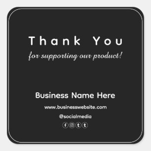 Black Modern Minimalist Business Thank You Square Sticker