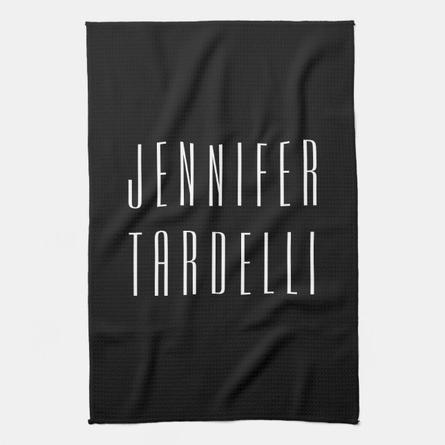 Black Modern Minimalist Elegant Your Name Kitchen Towel (Vertical)