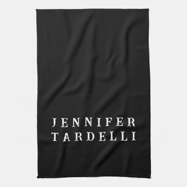 Black Modern Minimalist Elegant Your Name Kitchen Towel (Vertical)