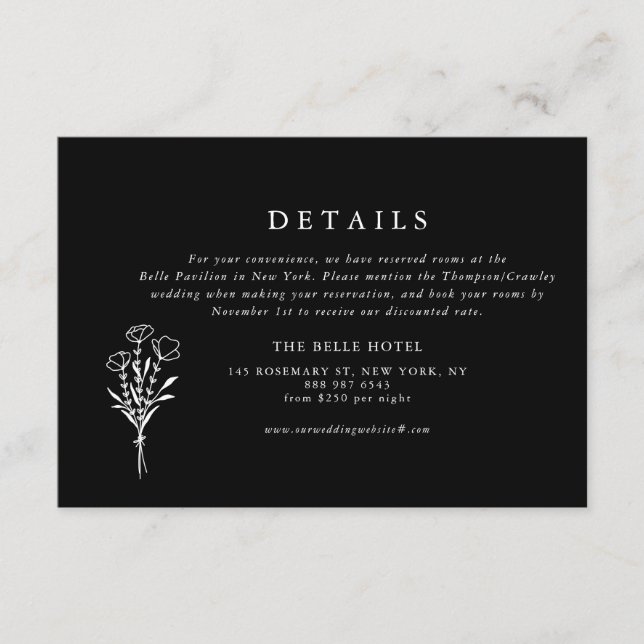 Black Modern Minimalist Floral Wedding Details Enclosure Card (Front)