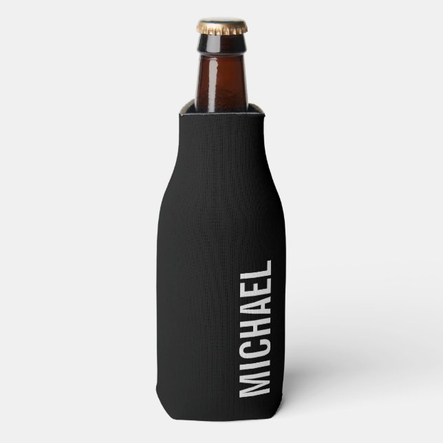 Black Modern Minimalist Personalized Name Bottle Cooler (Bottle Front)