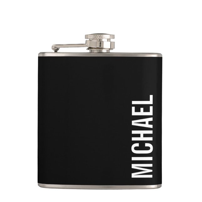 Black Modern Minimalist Personalized Name Hip Flask (Front)