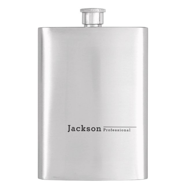 Black modern minimalist personalized name hip flask (Front)