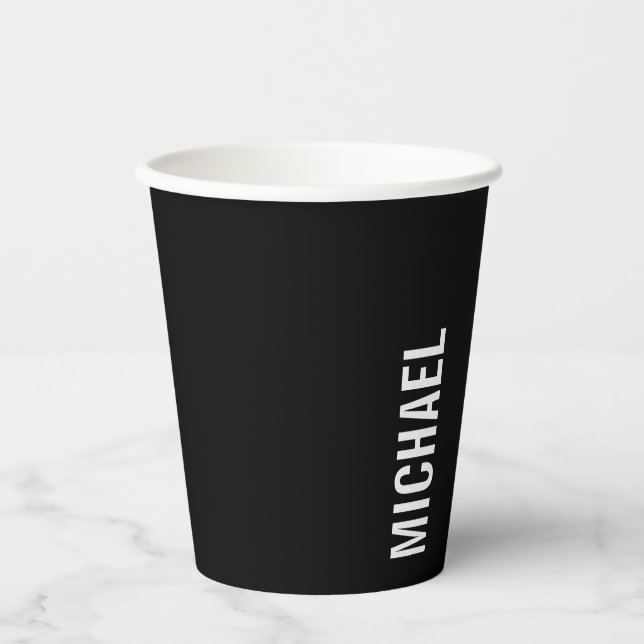 Black Modern Minimalist Personalized Name Paper Cups (Front)