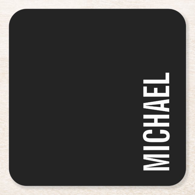 Black Modern Minimalist Personalized Name Square Paper Coaster (Front)
