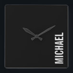 Black Modern Minimalist Personalized Name Square Wall Clock<br><div class="desc">Modern Minimalist Design featuring personalized name in white modern bold sans serif font style on black background.</div>