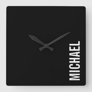 Black Modern Minimalist Personalized Name Square Wall Clock