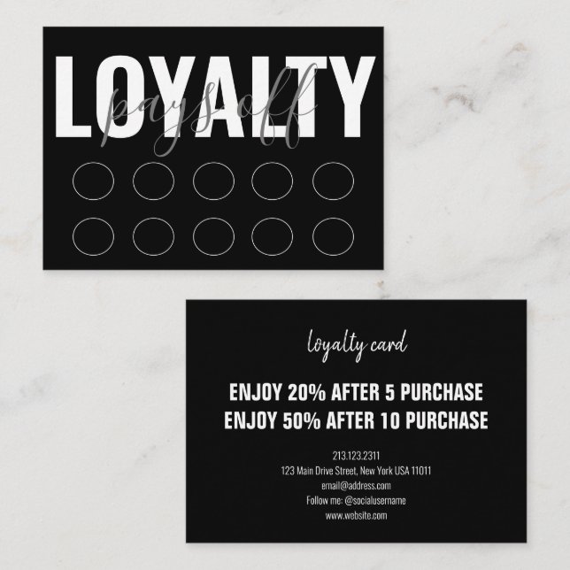 Black Modern Minimalist Punch Script Loyalty Card (Front/Back)