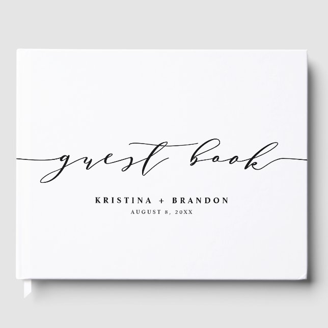 Black Modern Minimalist Script Photo Wedding Guest Book (Front)