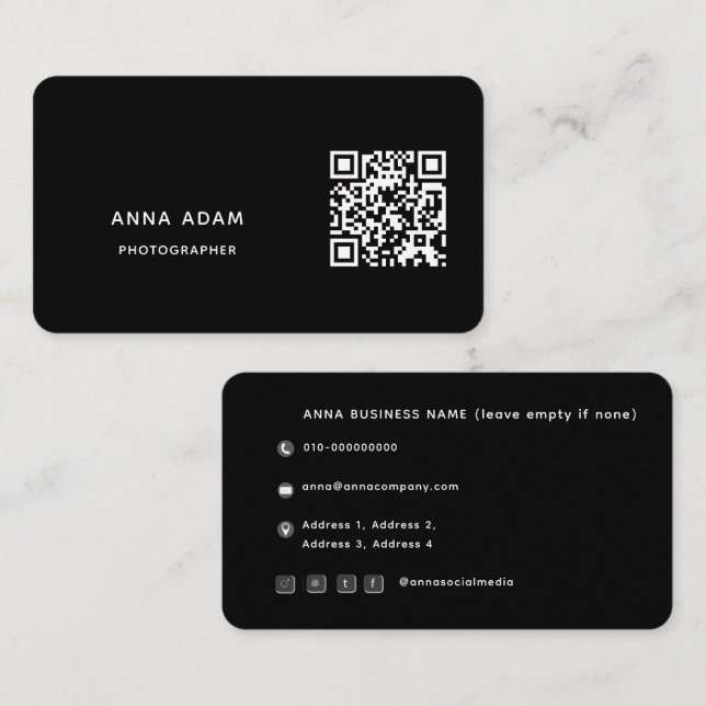 Black, Modern, Minimalist, Simple, QR Code Business Card (Front/Back)