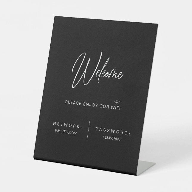 Black Modern Minimalist WiFi Password Wedding Sign (Front)