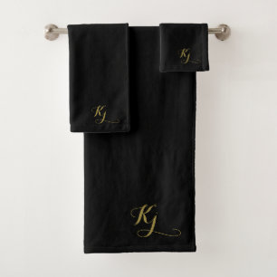 Black Modern Monogram Gold Script Initials Bath Towel Set