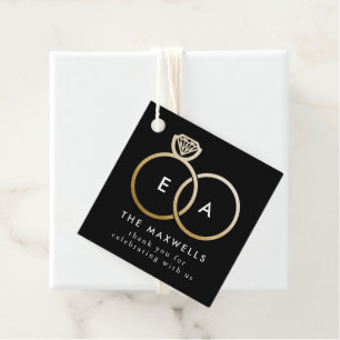 Black Modern Monogram Golden Wedding Rings Favour Tags