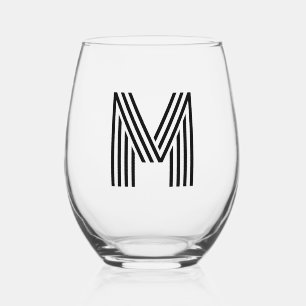 Black Modern Monogram Initial Letter Stemless Wine Glass