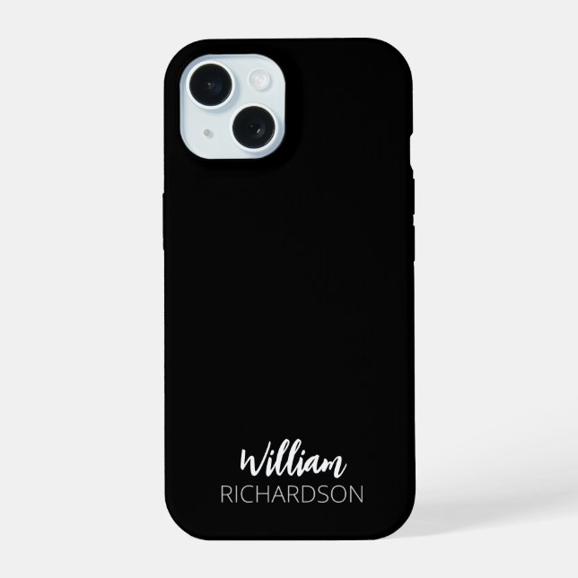 Black Modern Monogram Script Name iPhone 15 Case (Back)