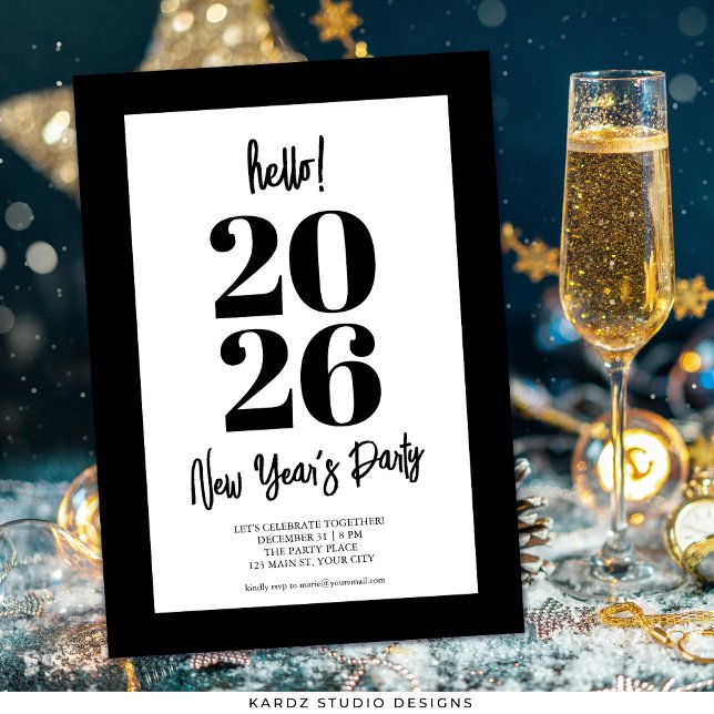 Black Modern New Years Party Invitation (Invite shown in 5 x 7 inches, choose size, paper, and corner style.)