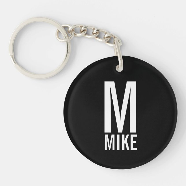 Black Modern Personalized Monogram and Name Keychain (Front)