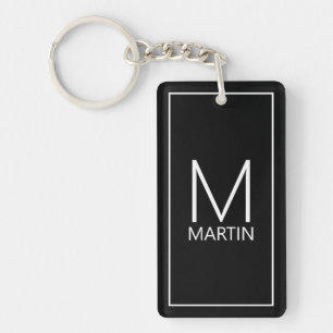 Black Modern Personalized Monogram and Name Keychain
