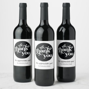 Black Modern Personalized Order Circle Thank You Wine Label