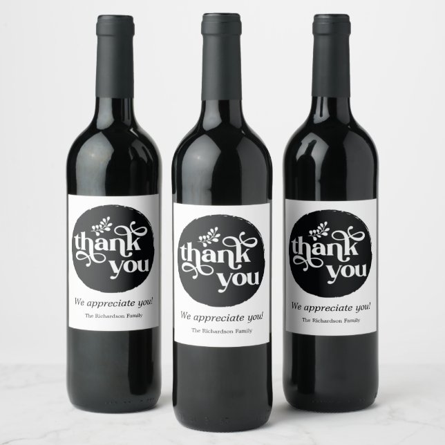 Black Modern Personalized Order Circle Thank You Wine Label (Bottles)