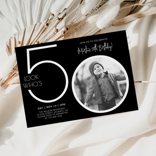 Black Modern Photo 50th Birthday Invitation (Creator Uploaded)