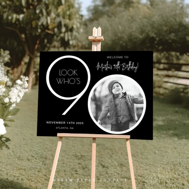 Black Modern Photo 90th Birthday Welcome Sign (Creator Uploaded)