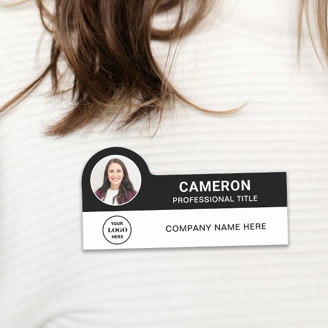 Black Modern Photo Company Logo Employee Name Tag (Creator Uploaded)