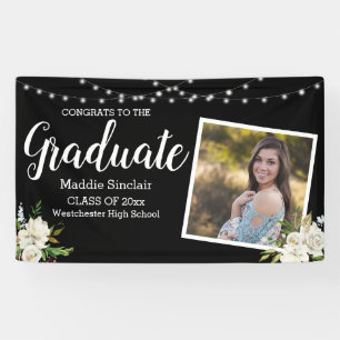 Black Modern Photo Floral String Lights Graduation Banner