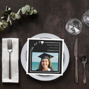 Black modern photo Graduation Party luncheon Napkin