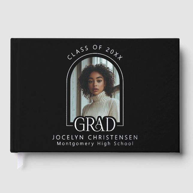 Black Modern Photo Graduation Silver Guest Book (Front)