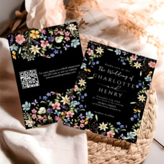 Black Modern QR Code Wildflower Wedding Invitation