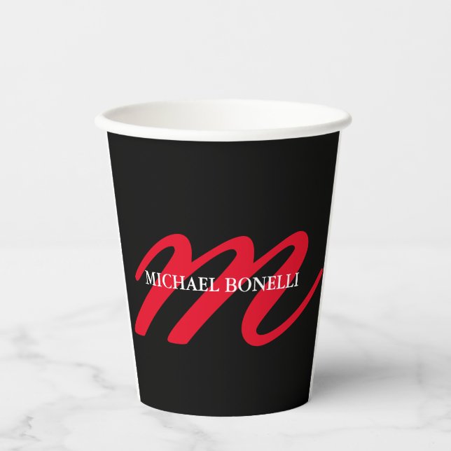 Black modern red monogram professional paper cups (Front)