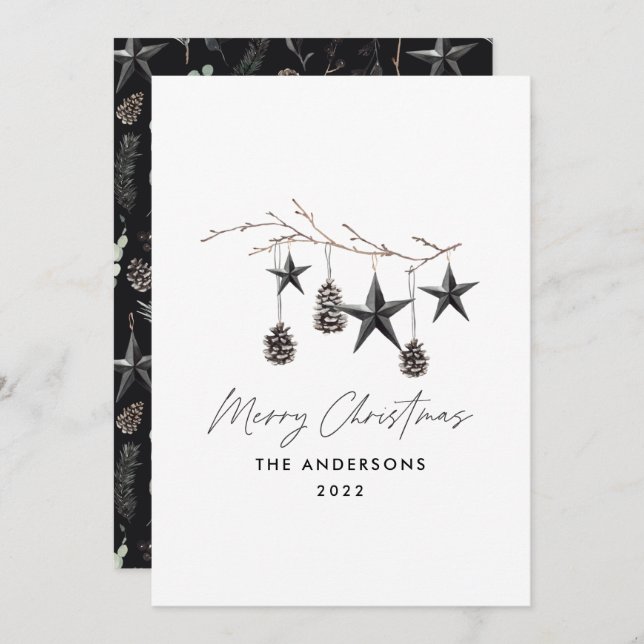 Black modern scandi elegant script Christmas Holid Holiday Card (Front/Back)