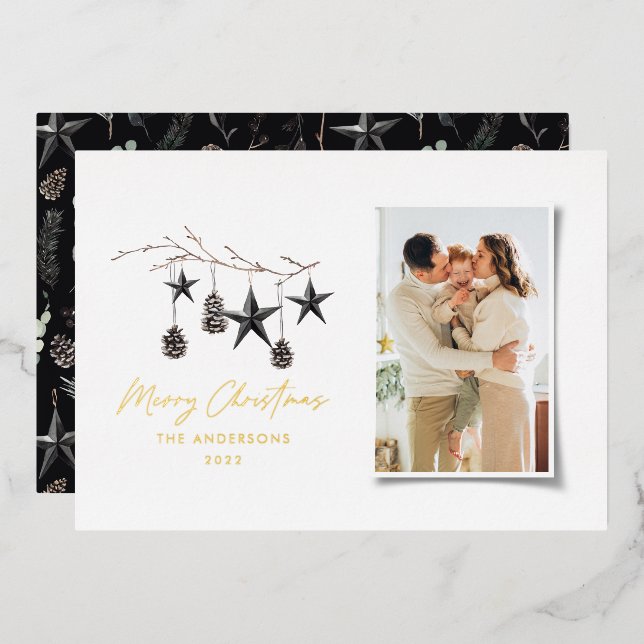 black modern scandi elegant script Christmas photo Foil Holiday Card (Front/Back)