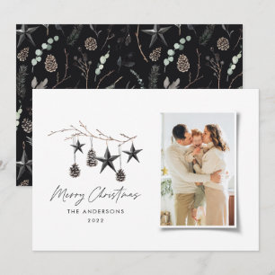 Black modern scandi elegant script Christmas photo Holiday Card