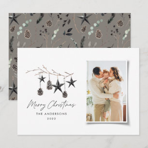 Black modern scandi elegant script Christmas photo Holiday Card