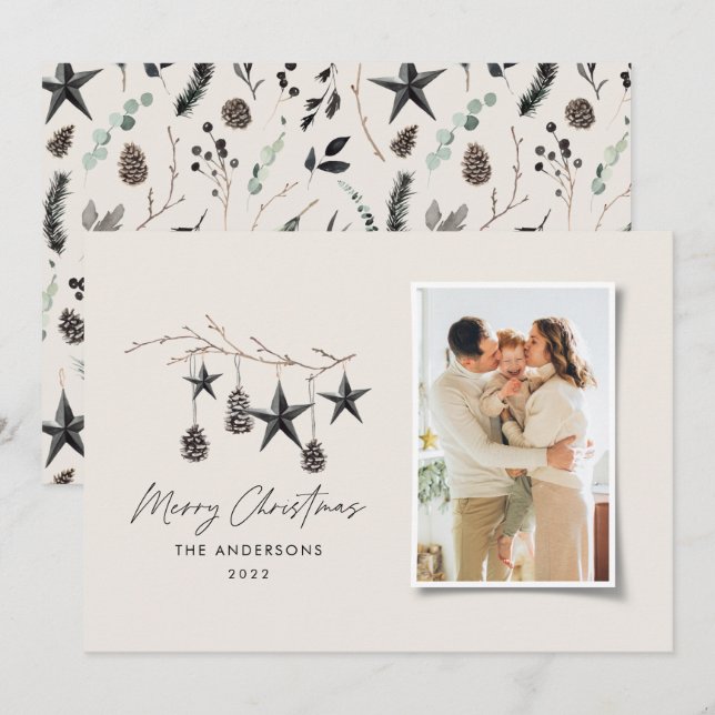 Black modern scandi elegant script Christmas photo Holiday Card (Front/Back)
