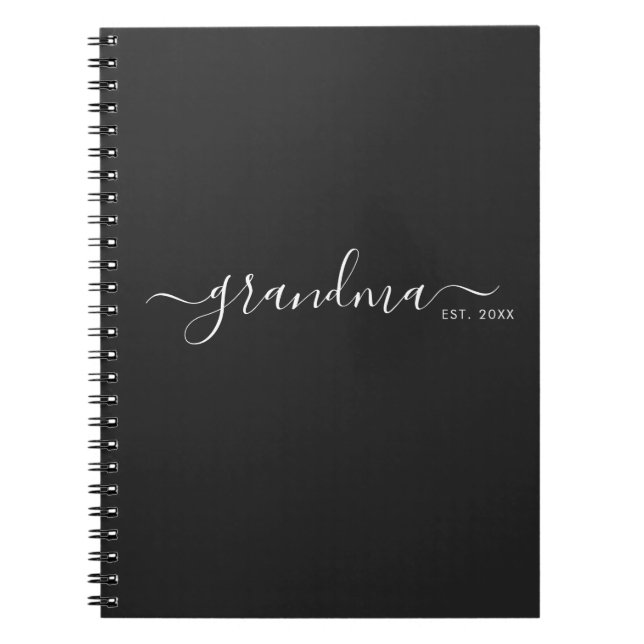 Black Modern Script Established Grandma Notebook (Front)