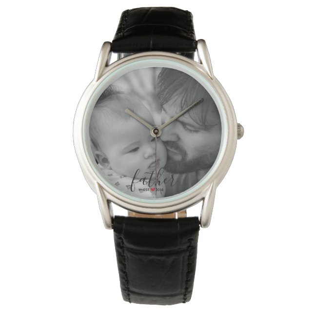 Black Modern Script Father Est. Year Photo Watch (Front)