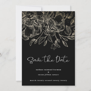 black modern script gold florals save the date